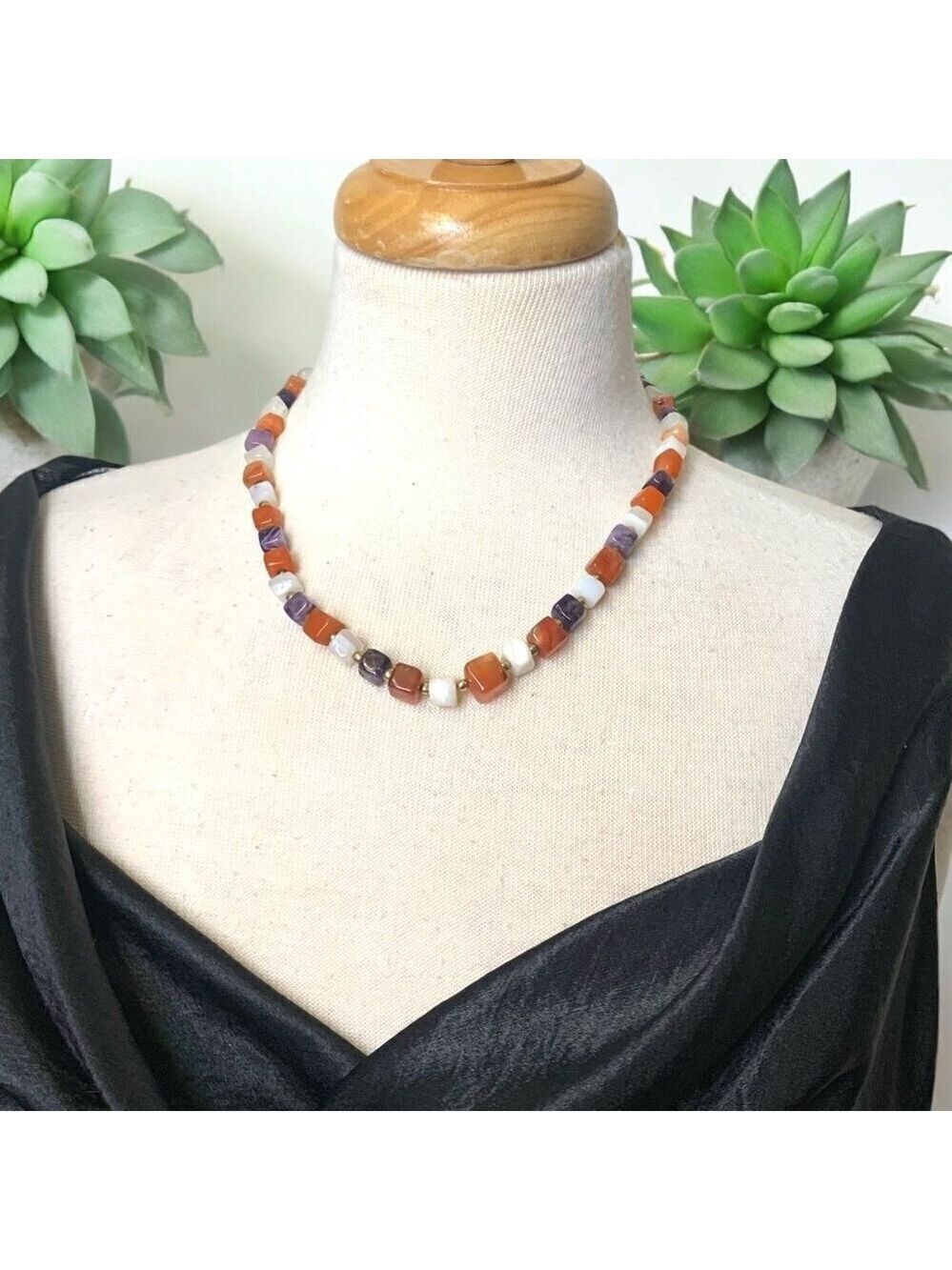 Vintage Carnelian Amethyst Milky Quartz Natural Stone 20 Inch Necklace